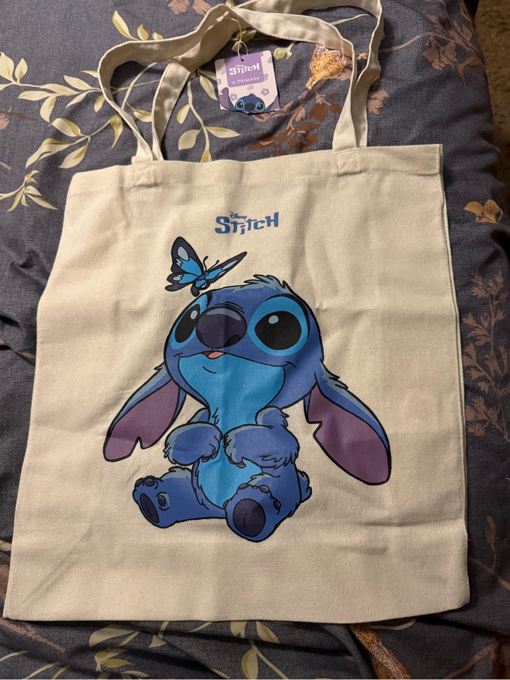 Primark Cream Tote with Blue Stitch Graphic